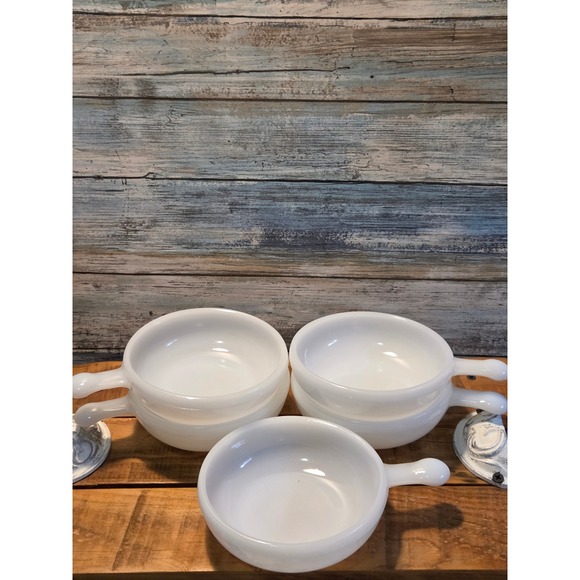 MCM Glasbake Milk Glass Soup Bowls with Lug Handles Handles Set of 4 - Picture 4 of 5